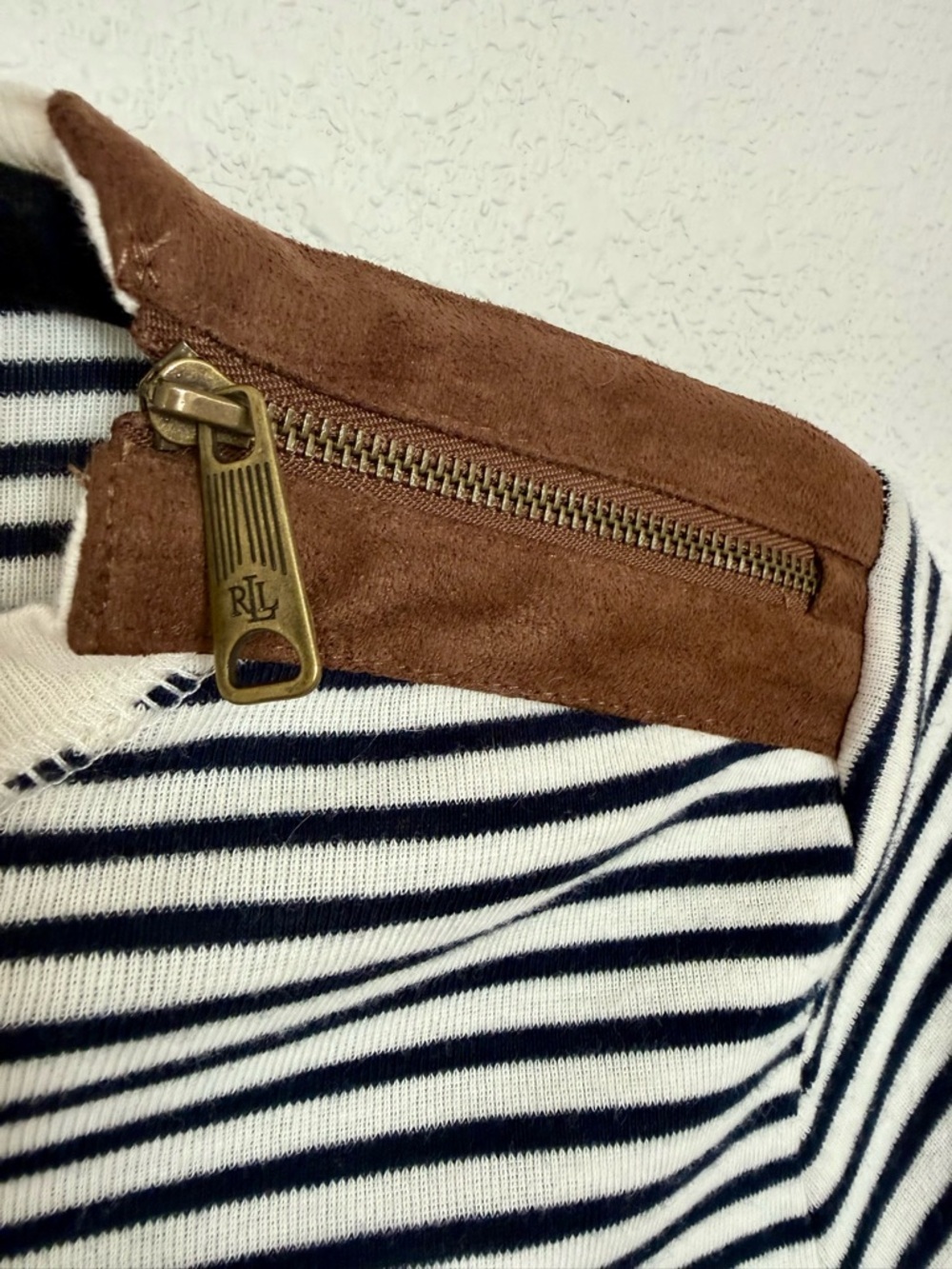 Lauren Ralph Lauren Striped Nautical Zip Shoulder Elbow Patch Top S/P - Picture 7 of 9